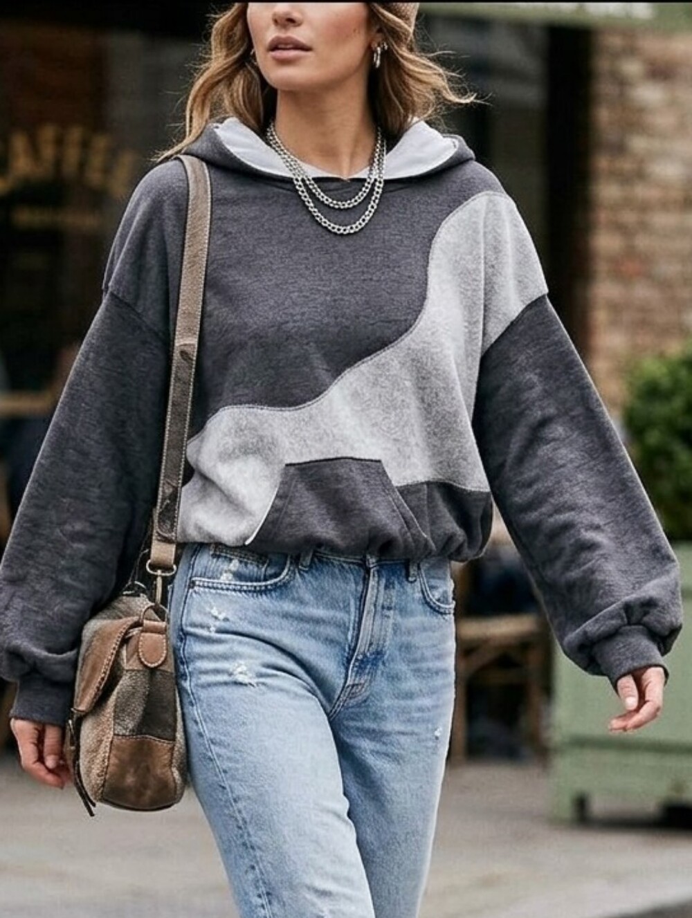 Cozy Grey and white cropped hoodie with flared sleeves